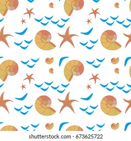 Seamless pattern with sea shells and stars on white background

