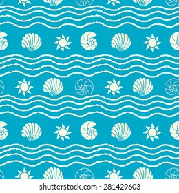 Seamless pattern with sea shells, sun, waves in white and blue. Summer beach print, sea repeating background texture 
