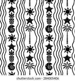 Seamless pattern with sea shells, sun, palm trees, pineapples, starfish, waves in black and white. Summer beach print, repeating background texture 