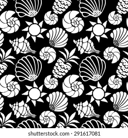 Seamless pattern with sea shells, sun and pineapples in black and white. Repeating print background texture. Cloth design. Wallpaper, wrapping  