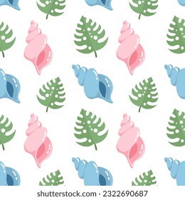 Seamless pattern, sea shells and tropical monstera leaves. Print, summer background, textile, vector	
