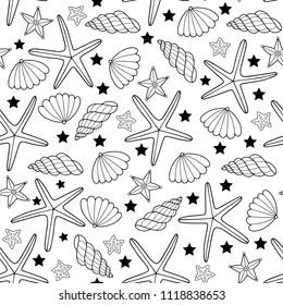 Seamless pattern with sea shells. Vector illustration with outlines.