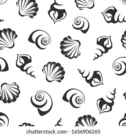 Seamless pattern with sea shells. Vector black and white background.