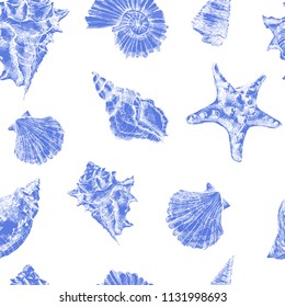 Seamless pattern with sea shells.Vector tropical sea shells. Seashell set isolated.Hand drawn illustrations of engraved line.Collection of sketches various mollusk sea shells different forms.