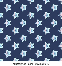 Seamless pattern sea star on blue background. Marine starfish templates for fabric. Design vector illustration. For seasonal textile prints, banners, backdrops and wallpapers.