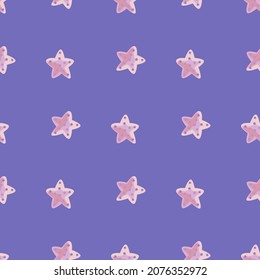 Seamless pattern sea star on puprle background. Marine starfish templates for fabric. Design vector illustration. For seasonal textile prints, banners, backdrops and wallpapers.