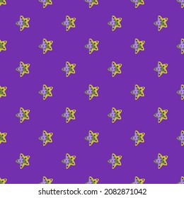 Seamless pattern sea star on btight puprle background. Marine starfish templates for fabric. Design vector illustration. For seasonal textile prints, banners, backdrops and wallpapers.