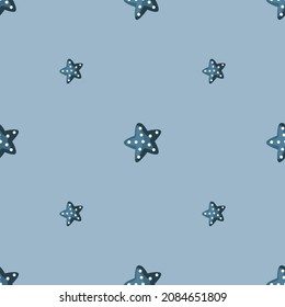 Estrella de mar sin foco sobre fondo azul claro. Plantillas marinas de pez estrella para tela. Diseñar ilustración vectorial. Para impresiones textiles estacionales, carteles, fondos y papeles pintados.