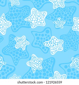 Seamless pattern with sea stars. Blue and white colored background