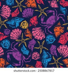 Seamless pattern of a Sea stars, sea shells and crabs background elements. For swimming wear.