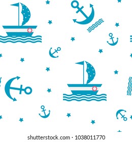 Seamless pattern in the sea style on a white background. For decorating children's textiles, packaging. Vector illustration.