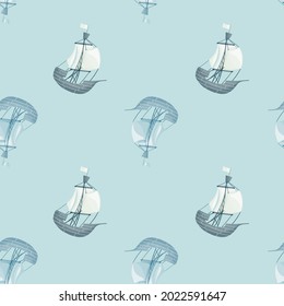 Seamless pattern in sea style with sailbot ship silhouettes. Blue background. Pastel colored ornament. Designed for fabric design, textile print, wrapping, cover. Vector illustration.