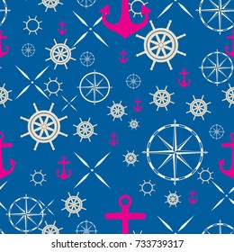 Seamless pattern with sea subject. Images of an anchor, a steering wheel and a wind rose on a blue background.