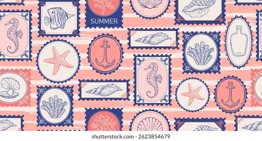 Seamless pattern with sea, summer style postage stamps. Underwater creatures, starfish, sea  horse, coral, fish. Hand drawn style. Long brush strokes, stripes.