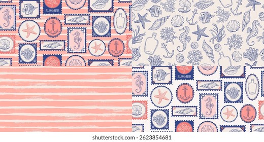 Seamless pattern with sea, summer style postage stamps. Underwater creatures, starfish, sea  horse, coral, fish. Hand drawn style. Long brush strokes, striles.