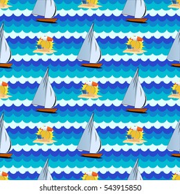 Seamless pattern with sea, sun, palm tree, yacht