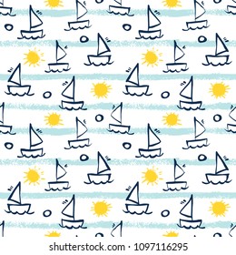 Seamless pattern with sea, sun and yachts.
