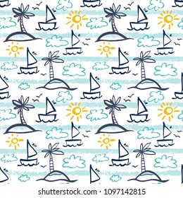Seamless pattern with sea, sun and yachts.