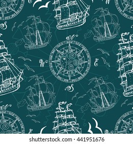 Seamless pattern with sea symbols, compass, gulls and ships. Doodle illustration with vintage transportation emblems, hand drawn repeated drawing with marine elements, nautical background