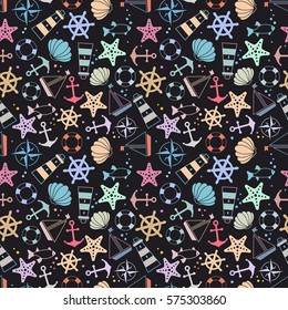 seamless pattern: sea symbols. shell, ship, lighthouse, starfish, anchor, steering wheel, fish