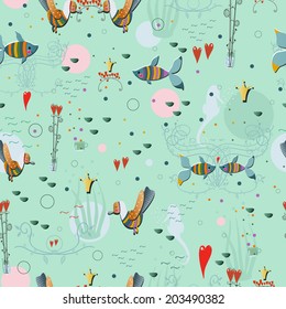 A seamless pattern sea theme with seagulls and fish 
