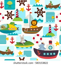 seamless pattern sea transports with animals  - vector illustration, eps

