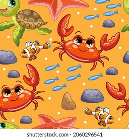 Seamless pattern sea travel underwater with crab, tropical fish and turtle. Vector illustration. Cute cartoon style, orange background. For print, t-shirt, design, wallpaper, decor, textile