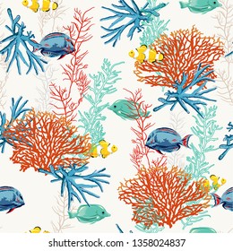 Seamless pattern with sea treasure ,fish and coral marine background vector design for fashion,fabric,web,wallpaper and all prints on white