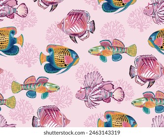 Seamless pattern with sea treasure ,fish and coral marine background vector design for fashion,fabric,web,wallpaper and all prints on Pink