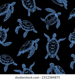 Seamless pattern with sea turtle cartoon cute animal design ocean tortoise swimming in water. Outline, line art hand drawn sketch vector illustration isolated on background