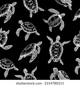 Seamless pattern with sea turtle cartoon cute animal design ocean tortoise swimming in water. Outline, line art hand drawn sketch vector illustration isolated on background