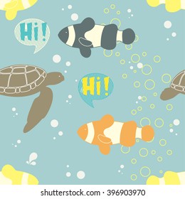 Seamless Pattern with Sea Turtle and Clownfishes. Vector illustration.