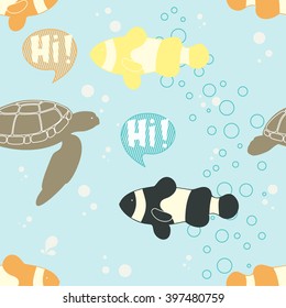 Seamless Pattern with Sea Turtle and Clownfishes. Vector illustration.