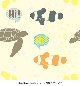 Seamless Pattern with Sea Turtle and Clownfishes. Vector illustration.