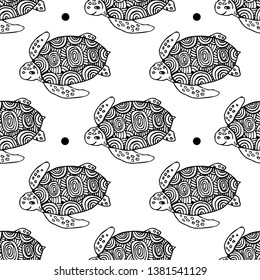 Seamless pattern with sea turtle drawn in line art style isolated on the white background