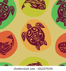 Seamless pattern with sea turtle and fish in the Maori style 