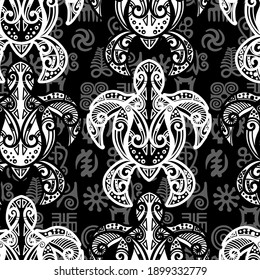 Seamless pattern - sea turtle in indigenous tribal Polynesian style. Maori tattoo design.