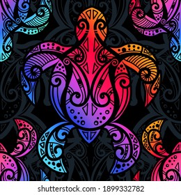 Seamless Pattern - Sea Turtle In Indigenous Tribal Polynesian Style. Maori Tattoo Design.