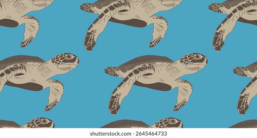 Seamless pattern with sea turtle. Kids illustration, cartoon style. Sea animal, sea creature. Flat design. Underwater life. For print.
