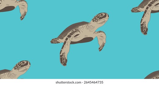 Seamless pattern with sea turtle. Kids illustration, cartoon style. Sea animal, sea creature. Flat design. Underwater life. For print.