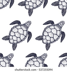 Seamless pattern with sea turtle in line art style. Hand drawn vector illustration. Top view. Design for coloring book. Ocean elements