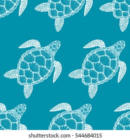 Seamless pattern with sea turtle in line art style. Hand drawn vector illustration. Top view. Design for coloring book. Ocean elements