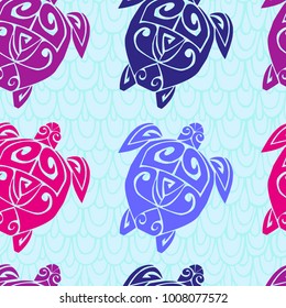 Seamless pattern with sea turtle in the Maori style 