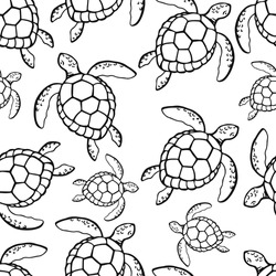 Seamless Pattern With Sea Turtle. Sea Or Ocean Underwater Life Background