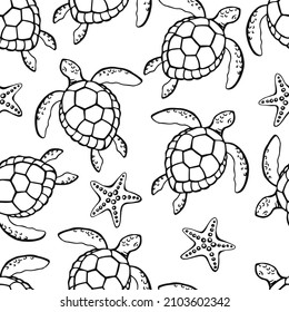 Seamless pattern with sea turtle. Sea or ocean underwater life background