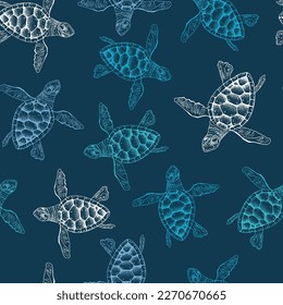 Seamless pattern with sea turtle. Sea or ocean underwater life background dark blue