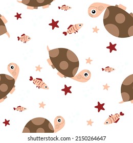 Seamless pattern sea turtle on a white isolated background. Vector children's drawing style flat. Bedding for children, printing on fabric, covers