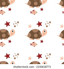 Seamless pattern sea turtle on a white isolated background. Vector children's drawing style flat. Bedding for children, printing on fabric, covers