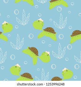 Seamless pattern with sea turtle. For printing on textiles, paper. Children's illustration.
