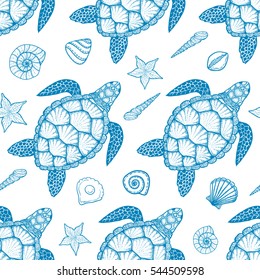 Seamless pattern with sea turtle and shells in line art style. Hand drawn vector illustration. Top view. Design for coloring book. Ocean elements